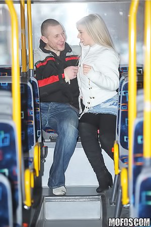 Skirt-wearing blonde with perky tits gets fucked on a public bus